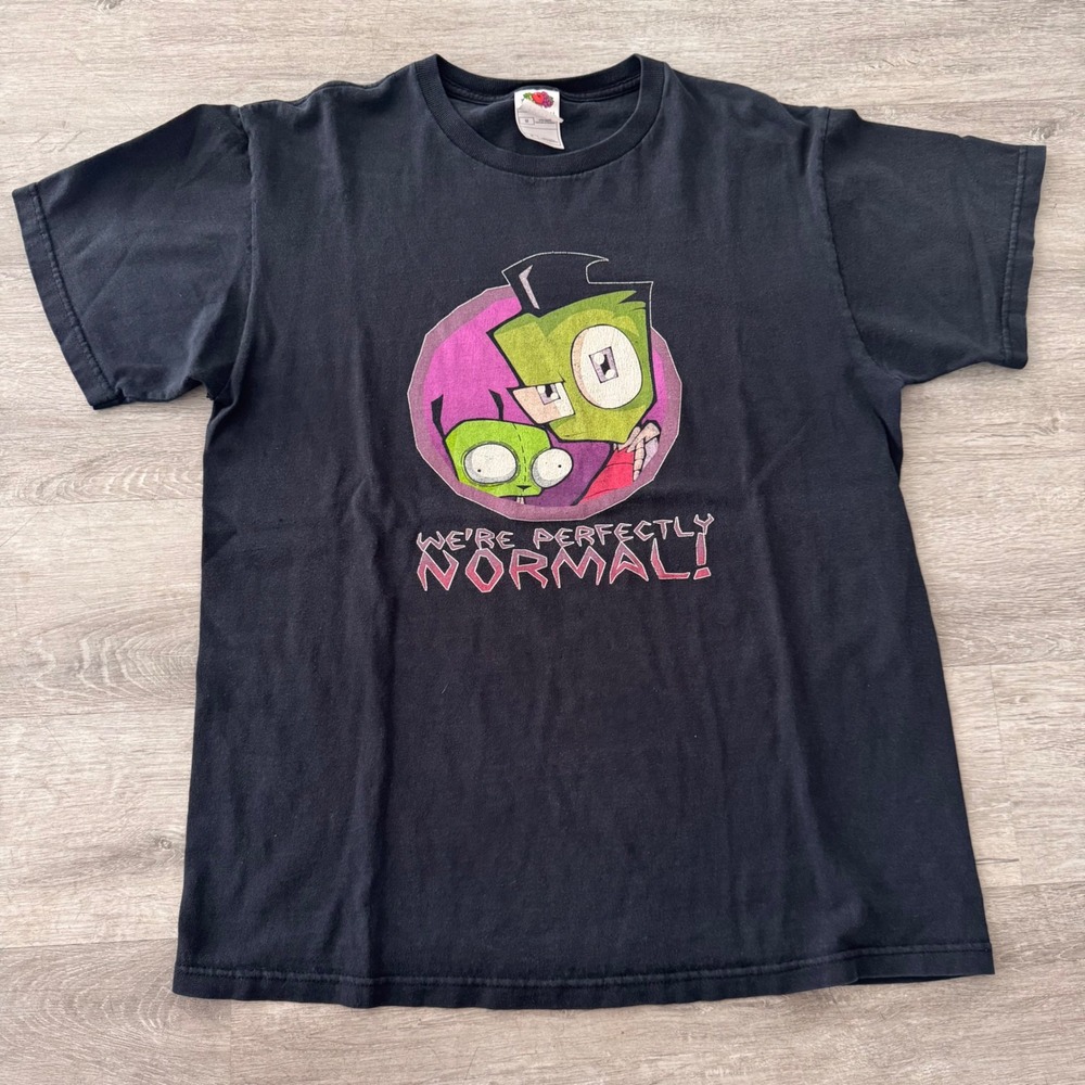 Vintage Y2K Invader Zim Gir "Were Perfectly Normal" Graphic T-Shirt Black Mens M